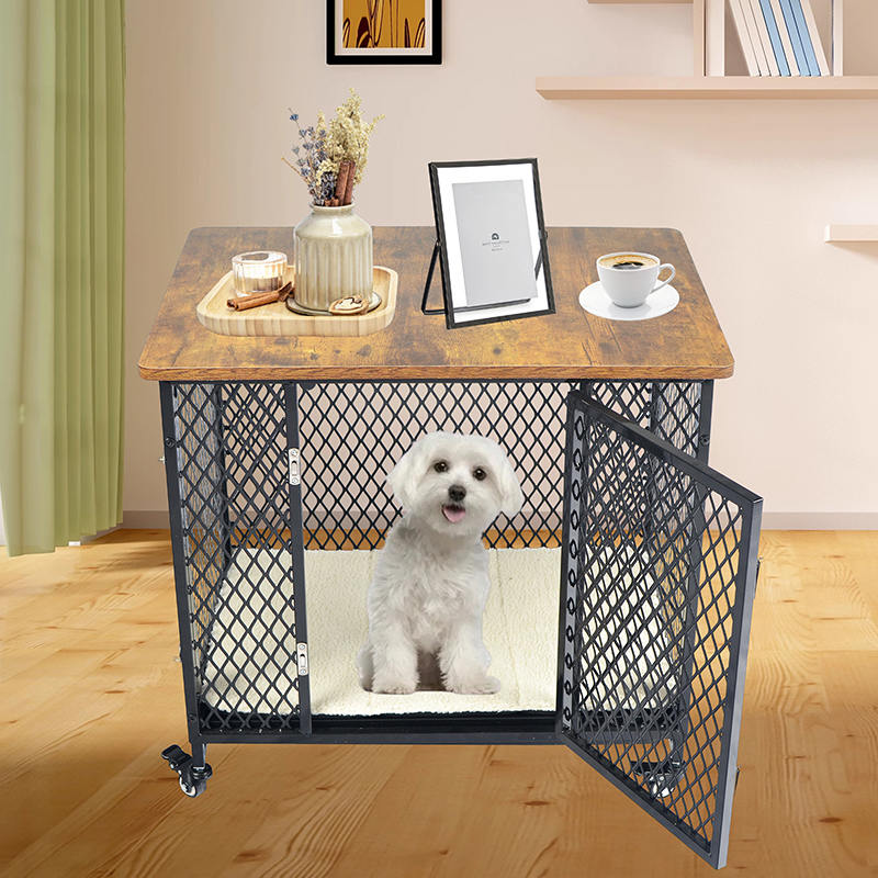 Nábytek Styl Velká dřevěná psí klece s koly a polštářem Nábytek Styl Velká dřevěná psí klece s koly a polštářem